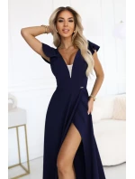 Elegantní maxi šaty s hlubokým výstřihem a rozparkem na nohou tmavě modré model 21861000 - numoco