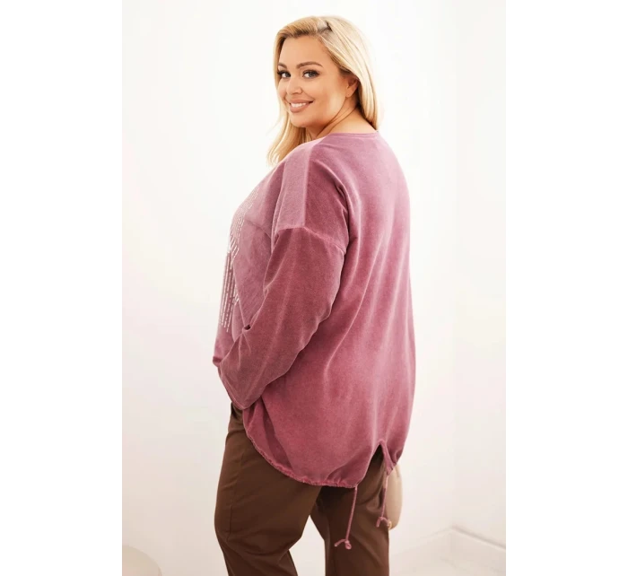Dámská mikina Plus Size bavlněná s potiskem srdce a šňůrkami tmavě růžová