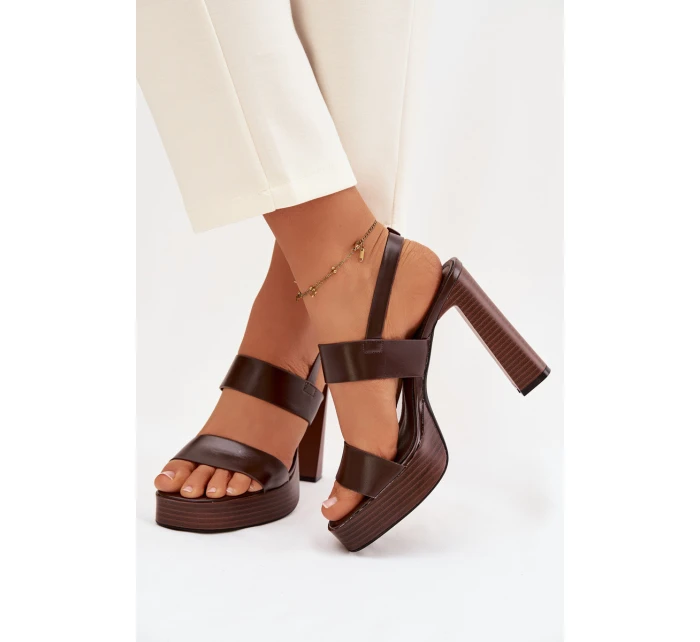 Dámské sandály na podpatku a platformě kůže Čokoládové model 21943437 - Boto