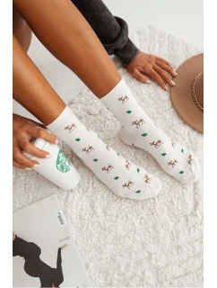 Bavlněné Dámské Ponožky Se Srnami Bílé
