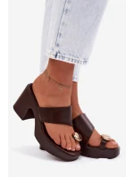 Dámské Pantofle na Podpatku se Zlatým Detalem Čokoládové model 22037693 - Boto