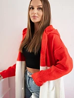 Pruhovaný svetr s kapucí červená+ecru+růžová neon