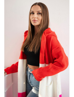 Pruhovaný svetr s kapucí červená+ecru+růžová