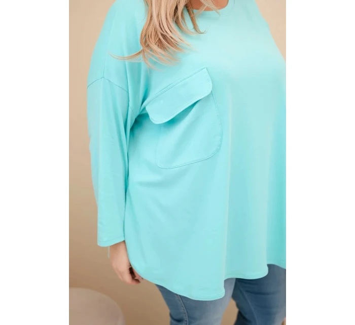 Dámská blůza Plus Size s bavlnou, kapsou a ohrnutým rukávem mátová