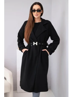 Dámský kabát s páskem a zlatými sponami černý