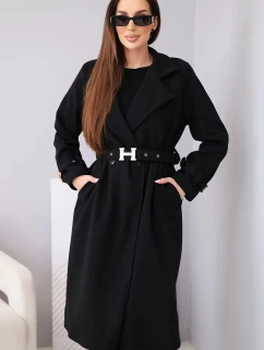 Dámský kabát s páskem a zlatými sponami černý