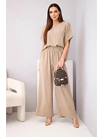 Dámský komplet z viskózy s ozdobným květem a širokými kalhotami fango