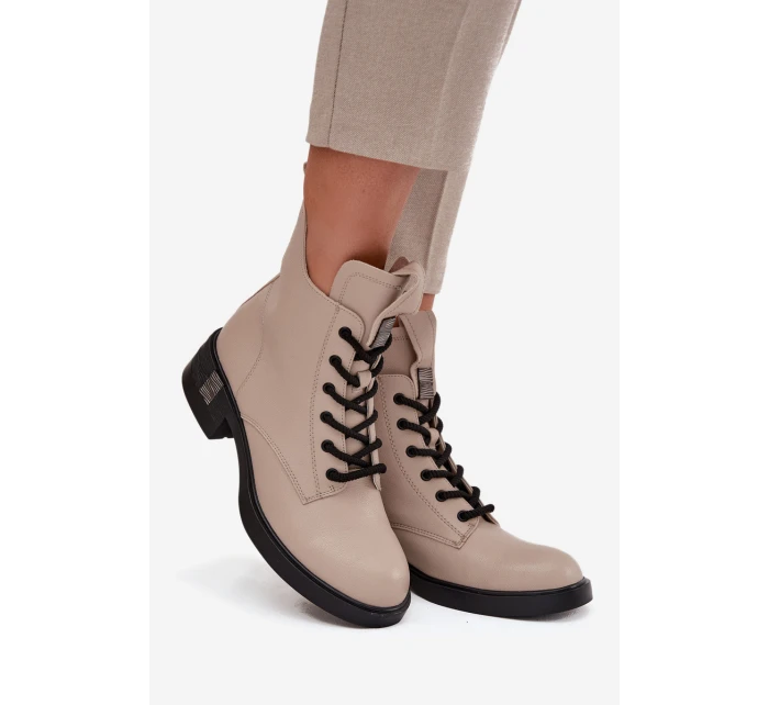 Kožené dámské boty na nízkém podpatku model 21713386 Béžové - VINCEZA