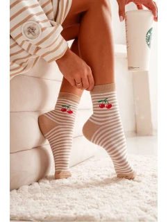 Dámské Ponožky Pruhy s Třešněmi Bavlněné Béžové