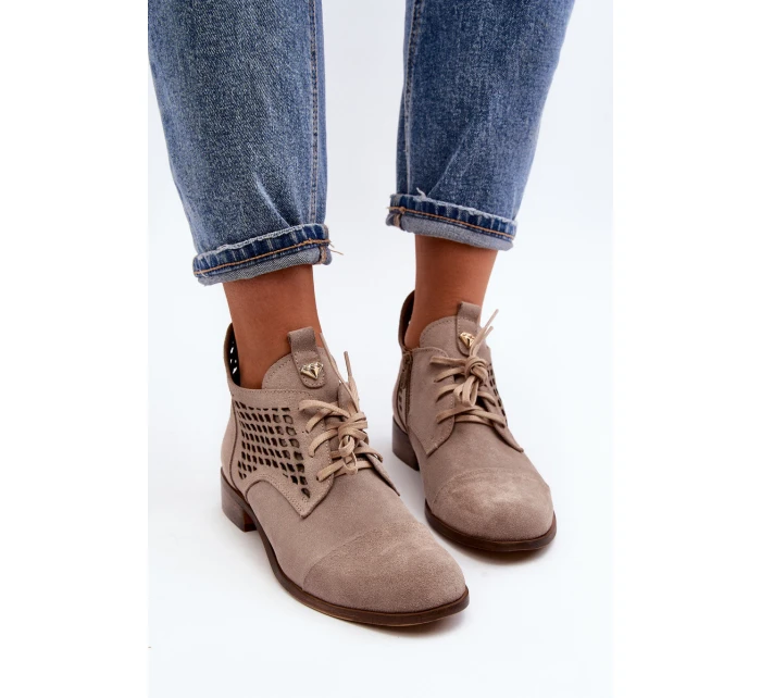 model 21646155 Nízké Dámské Botky se Šněrováním Semišové Bežové - Zazoo