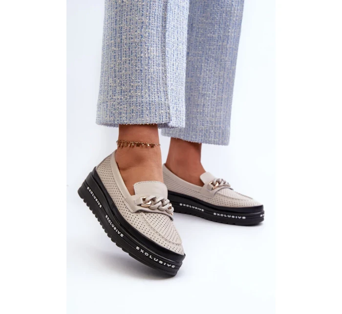 Dámské Kožené mokasíny Na Platformě S řetízkem S.Barski béžová Dámské Kožené mokasíny Na Platformě S řetízkem S.Barski béžová