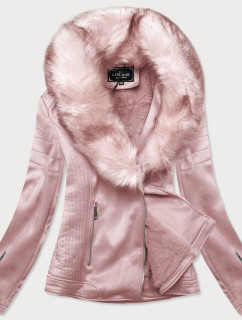 Dámská semišová bunda ramoneska v pudrově růžové barvě s kožešinou (6502)