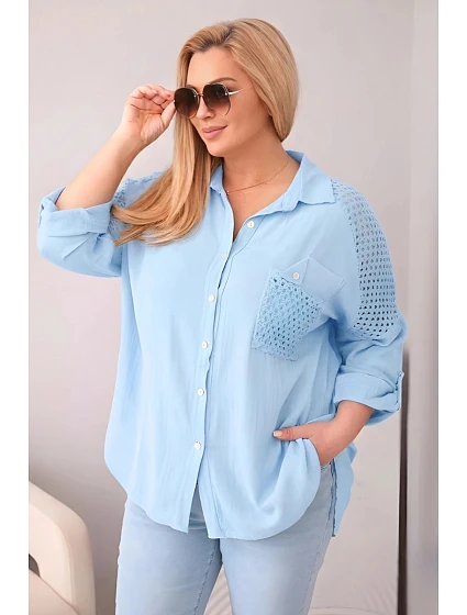 Dámská bavlněná košile Plus Size s límečkem a krajkovou vsadkou modrá