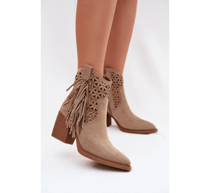 Dámské perforované kožené boty s kovbojským vzhledem na podpätku s třásněmi Béžové Calissey