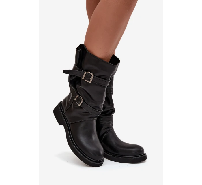 Dámské kozačky ke kolenům s pásky a sponami Halvessa – černé