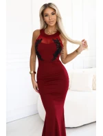 Dlouhé šaty ve tvaru mořské s černou krajkou a síťovinou vínové model 21290305 - kocula