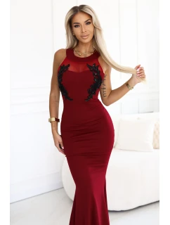 Dlouhé šaty ve tvaru mořské s černou krajkou a síťovinou vínové model 21290305 - kocula