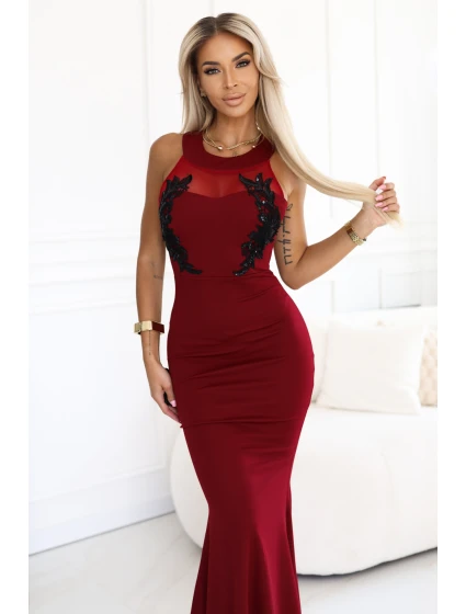 Dlouhé šaty ve tvaru mořské s černou krajkou a síťovinou vínové model 21290305 - kocula