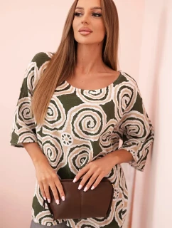 Dámská bavlněná blůza s model 21202201 vzory a ohrnutým rukávem khaki - K-Fashion