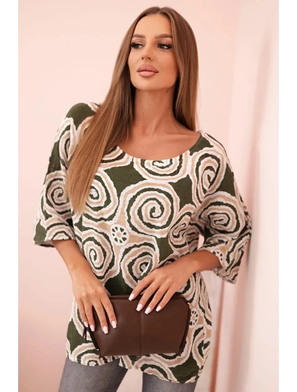 Dámská bavlněná blůza s model 21202201 vzory a ohrnutým rukávem khaki - K-Fashion