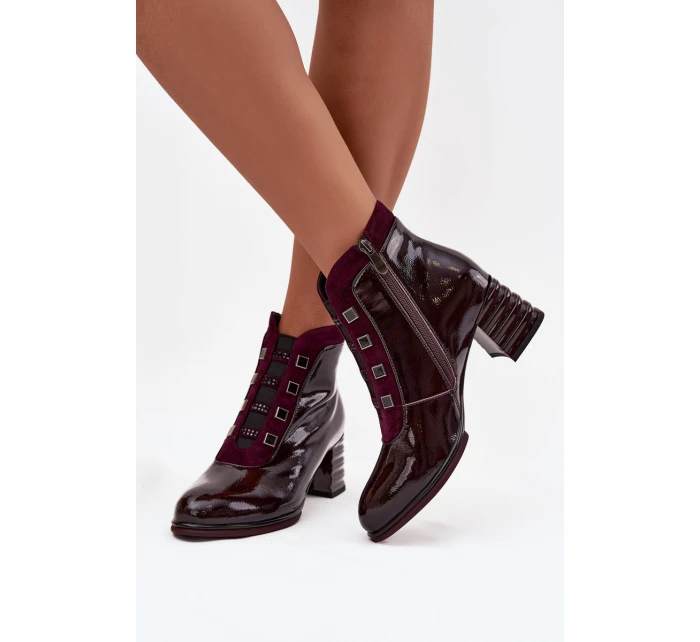 Lakované dámské kotníky z pravé kůže na podpatku D&A CR52-696 bordó