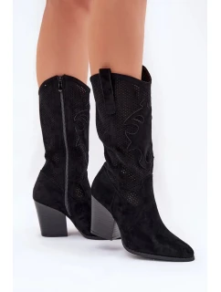 Dámské perforované kozačky ve stylu kovbojek na sloupkovém podpatku S.Barski – černé, eko kůže