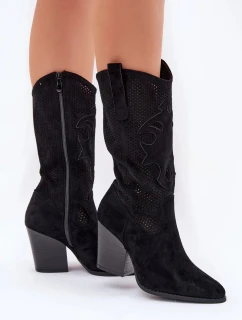 Dámské perforované kozačky ve stylu kovbojek na sloupkovém podpatku S.Barski – černé, eko kůže