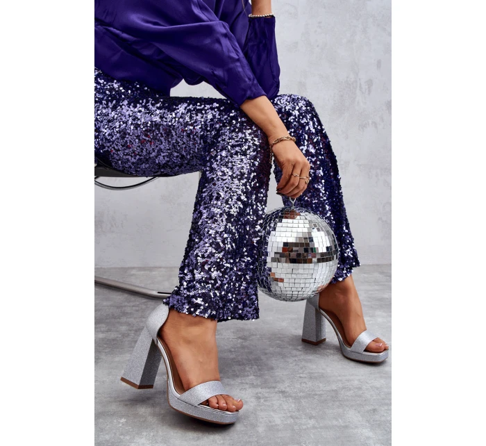 Lesklé Sandály Na Mohutném Podpatku Stříbrné Calmi Lesklé Sandály Na Mohutném Podpatku Stříbrné Calmi