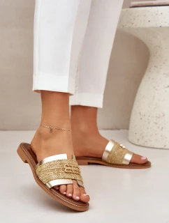 Kožené pantofle s ozdobným detailem a pletením model 21684089 zlaté - Zazoo