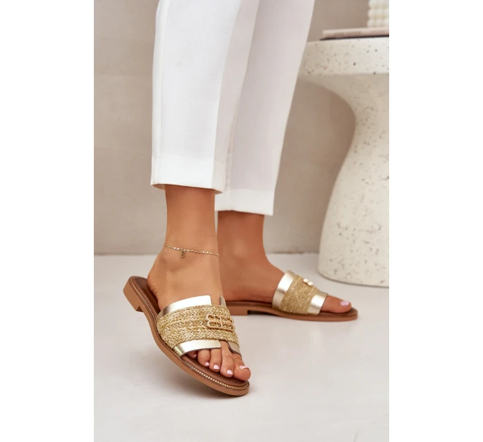 Kožené pantofle s ozdobným detailem a pletením Zazoo 40426 zlaté Kožené pantofle s ozdobným detailem a pletením Zazoo 40426 zlaté