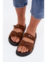 Dámské pantofle s pásky a zlatým sponou Hnědé model 21954730 - Boto