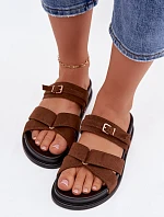 Dámské pantofle s pásky a zlatým sponou Hnědé Selorina