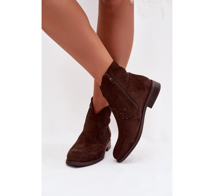 Dámské perforované kotníkové boty na nízkém podpatku S.Barski HY61-8026 Čokoládové Dámské perforované kotníkové boty na nízkém podpatku S.Barski HY61-8026 Čokoládové