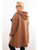 Dámská mikina Plus Size zateplená s kapucí a asymetrickým zipem hnědá