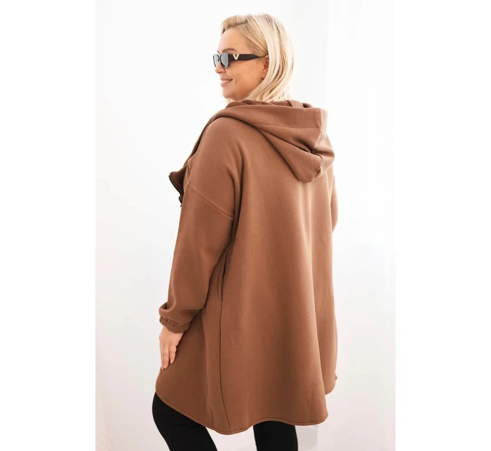 Dámská mikina Plus Size zateplená s kapucí a asymetrickým zipem hnědá