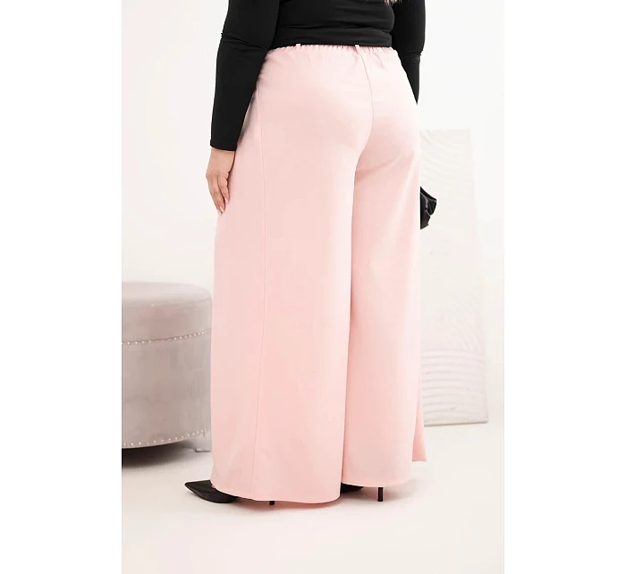 Dámské kalhoty Plus Size s širokou nohavicí a páskem pudrově růžové