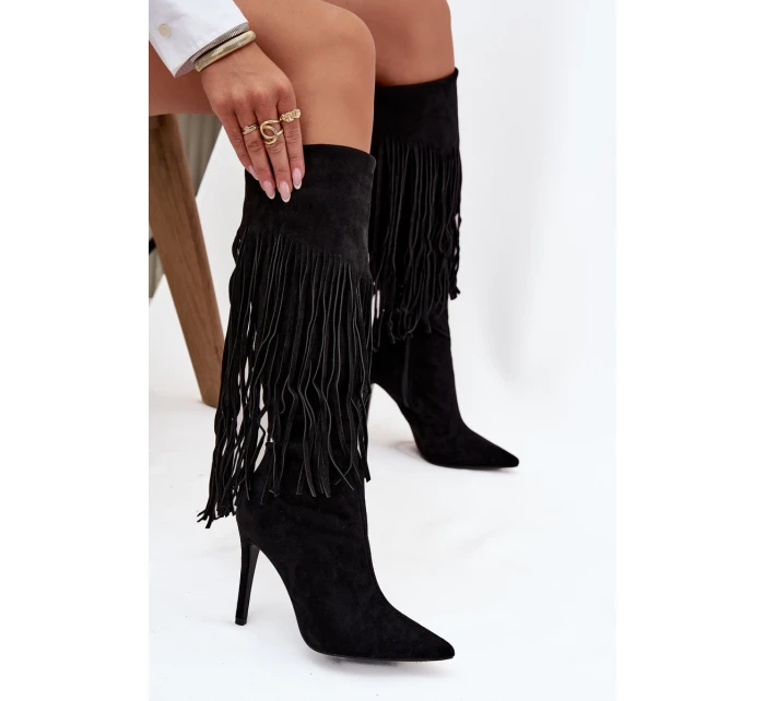 Dámské kozačky na jehlovém podpatku s třásněmi černé model 21709824 - Boto