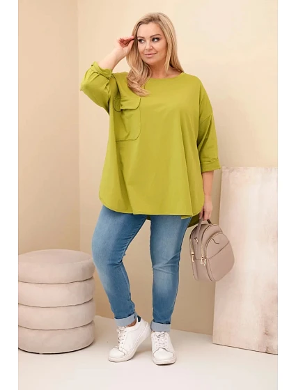 Dámská blůza Plus Size s bavlnou, kapsou a ohrnutým rukávem olivová Dámská blůza Plus Size s bavlnou, kapsou a ohrnutým rukávem olivová