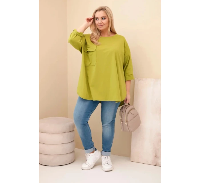 Dámská blůza Plus Size s bavlnou, kapsou a ohrnutým rukávem olivová