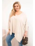 Dámská bavlněná blůza Plus Size s asymetrickým spodním lemem a V výstřihem béžová Dámská bavlněná blůza Plus Size s asymetrickým spodním lemem a V výstřihem béžová