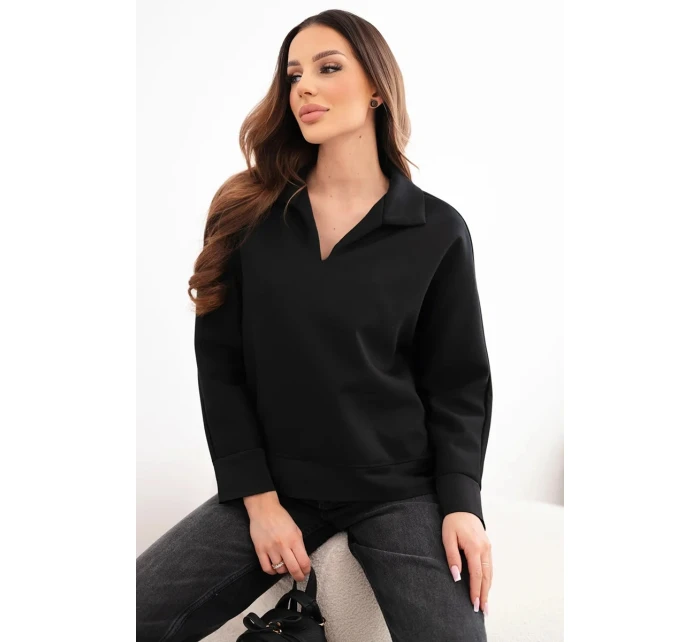 Dámská máslová mikina z viskózy s límečkem a výstřihem do V černá