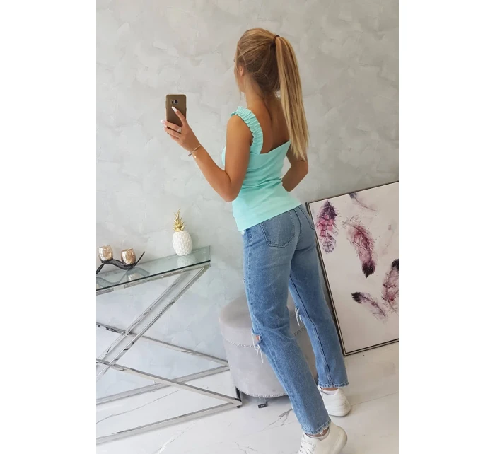 Halenka bez ramínek s volánky v mátové barvě Halenka bez ramínek s volánky v mátové barvě