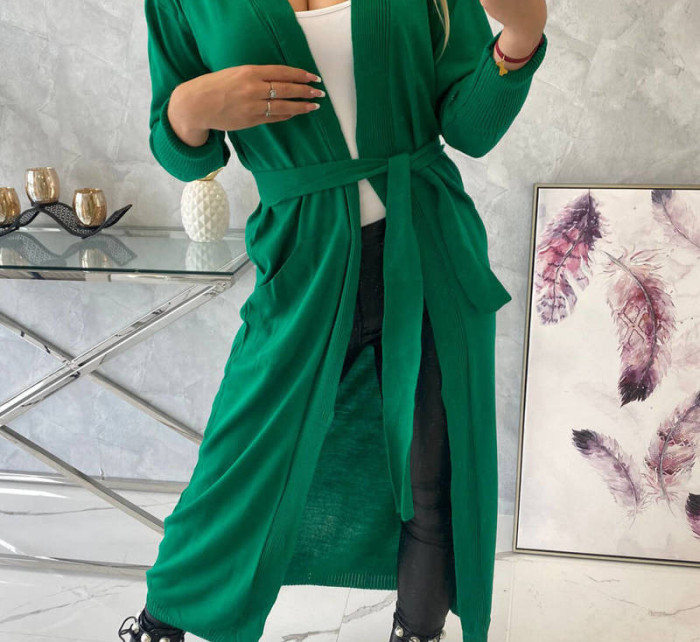 Sweter długi kardigan wiązany w talii zielony