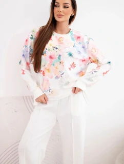Dámský máslový viskózový komplet s květinovým vzorem a širokými nohavicemi bílý