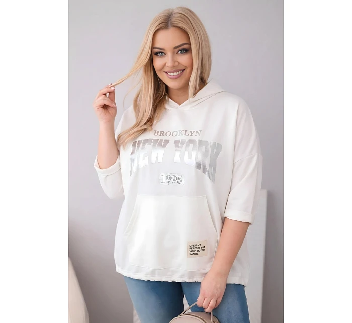 Dámská viskózová mikina Plus Size s kapucí a klokaní kapsou ecru