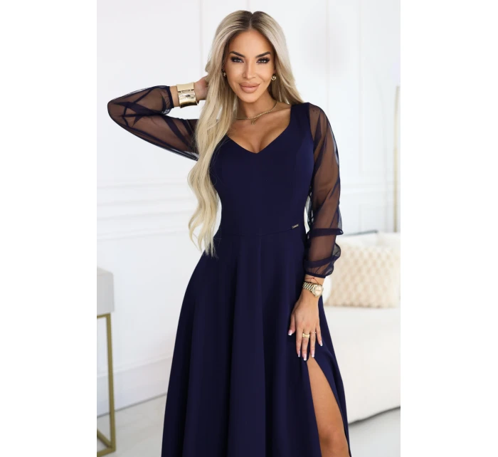 640-3 LORETTA jedinečné dlouhé šaty s tylovými rukávy a výstřihem - tmavě modré