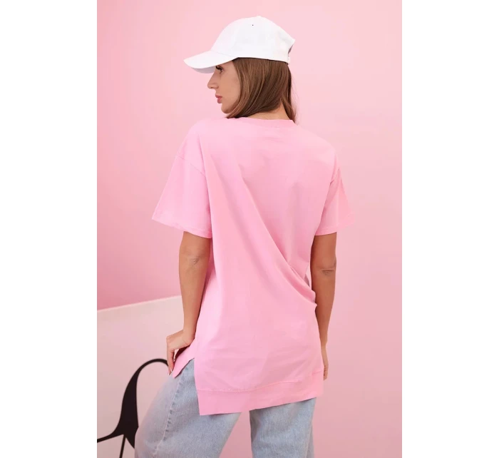 Dámské oversize tričko srdcem a třásněmi s krátkým rukávem světle růžová