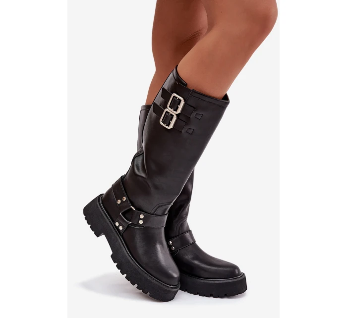 Kožené dámské kozačky s přezkami zateplené Big Star model 21758949 černé - Big Star Shoes Kožené dámské kozačky s přezkami zateplené Big Star model 21758949 černé - Big Star Shoes