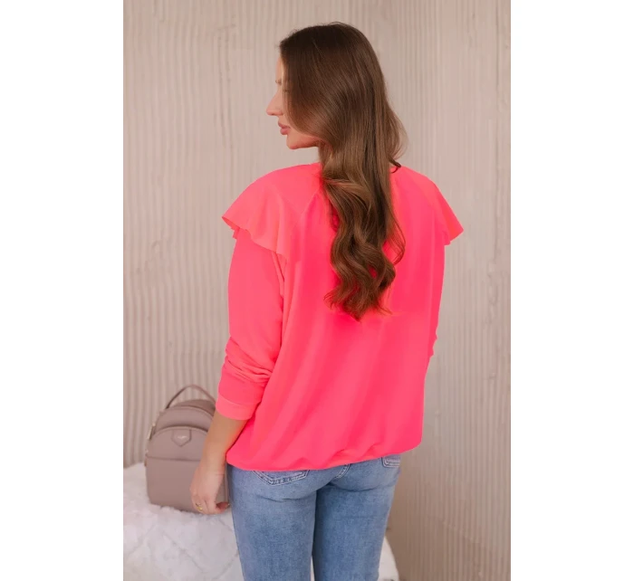 Bavlněná halenka s volánky na ramenou Růžový neon