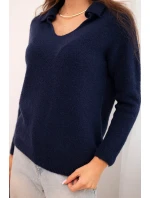 Dámský svetr z baby alpak s límcem a V výstřihem modrý